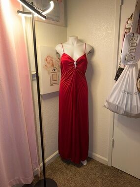 Red Spaghetti-Strap Maxi Dress with Center Jewel Detail